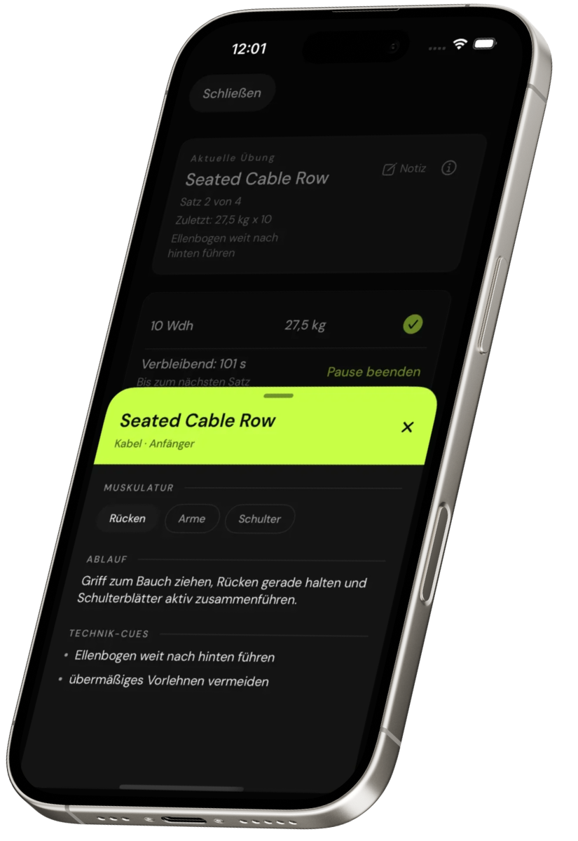 Uebungsdetail im iPhone: Muskulatur, Ablauf und Technik-Cues zur Uebung.