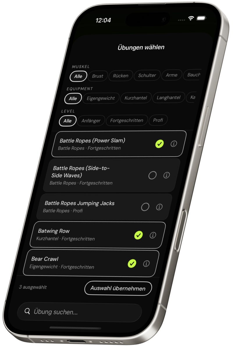 Uebungs-Bibliothek im iPhone: ueber 800 Uebungen gefiltert nach Muskelgruppe, Equipment und Level.