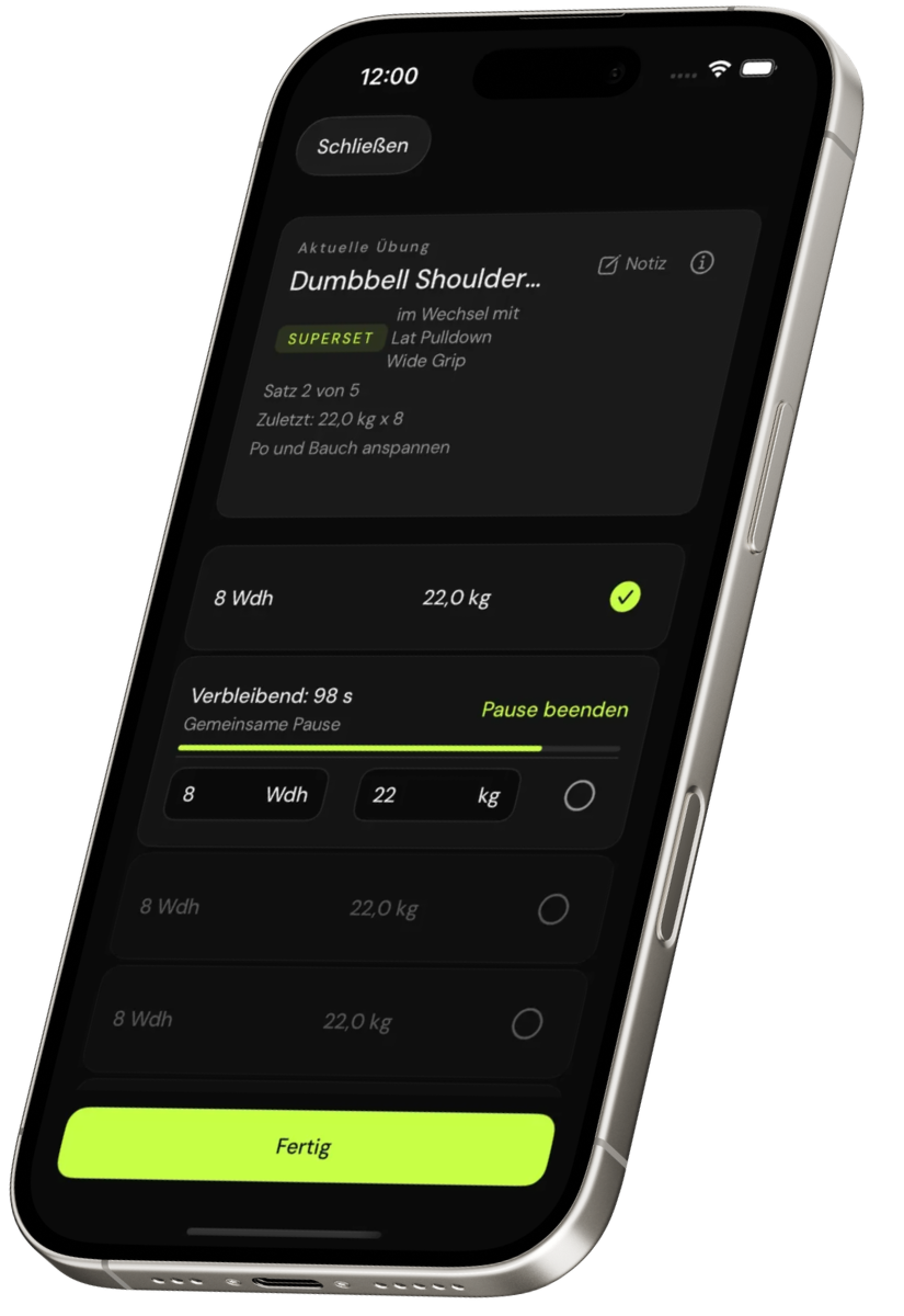 Live-Logging im iPhone: ein Satz wird mit einem Tap geloggt, Pausen-Timer laeuft.